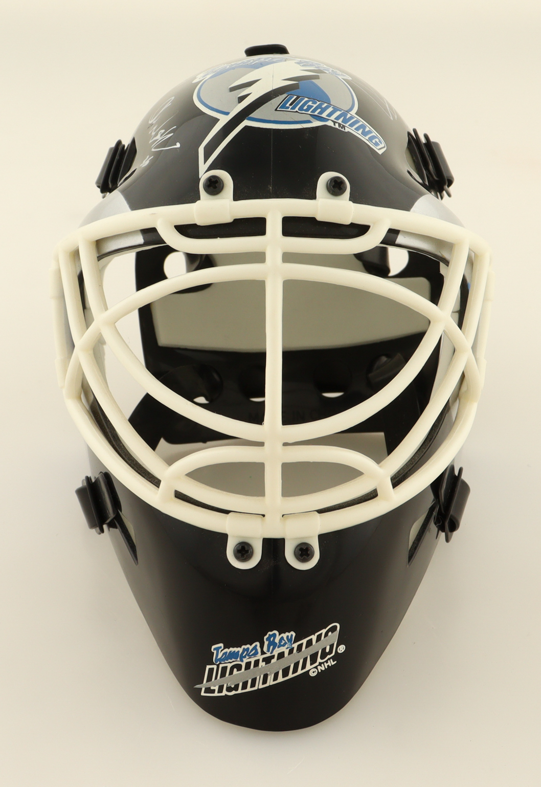 1998 Lignting Mini Hockey Goalie Mask Signed By (6) Louie DeBrusk, Yves Racine, Cory Cross (PSA) at PristineAuction.com 1998 Lignting Mini Hockey Goalie Mask Signed By (6) Louie DeBrusk, Yves Racine, Cory Cross (PSA) at PristineAuction.com