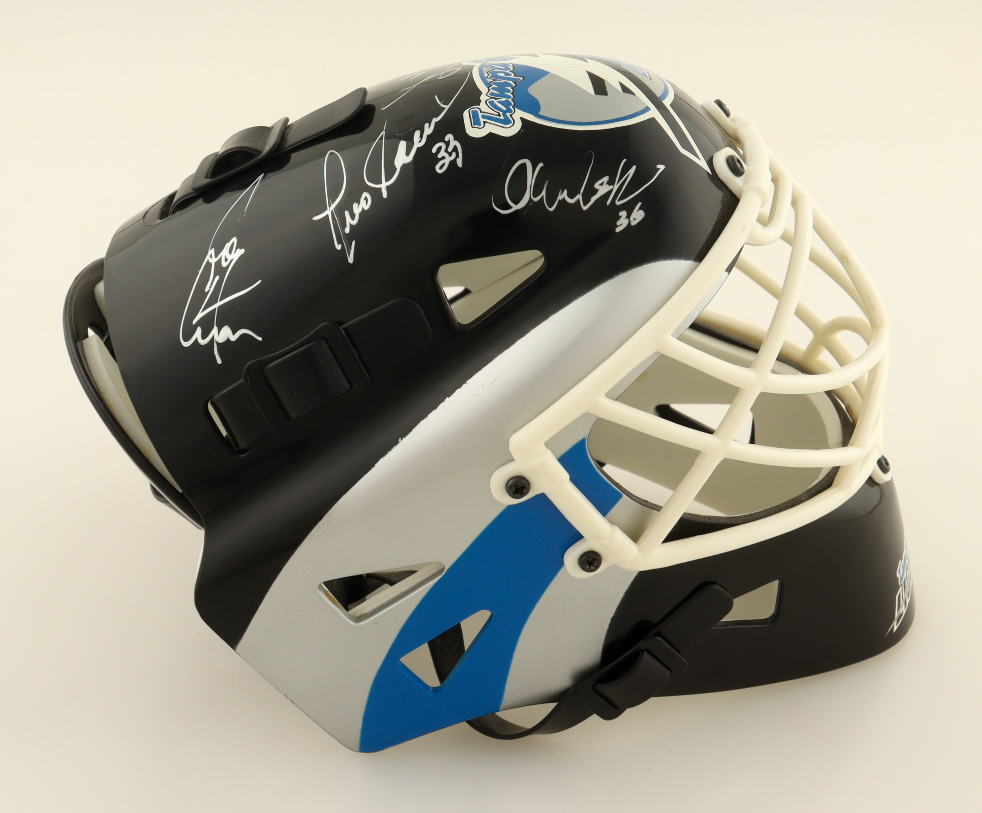 1998 Lignting Mini Hockey Goalie Mask Signed By (6) Louie DeBrusk, Yves Racine, Cory Cross (PSA) at PristineAuction.com 1998 Lignting Mini Hockey Goalie Mask Signed By (6) Louie DeBrusk, Yves Racine, Cory Cross (PSA) at PristineAuction.com