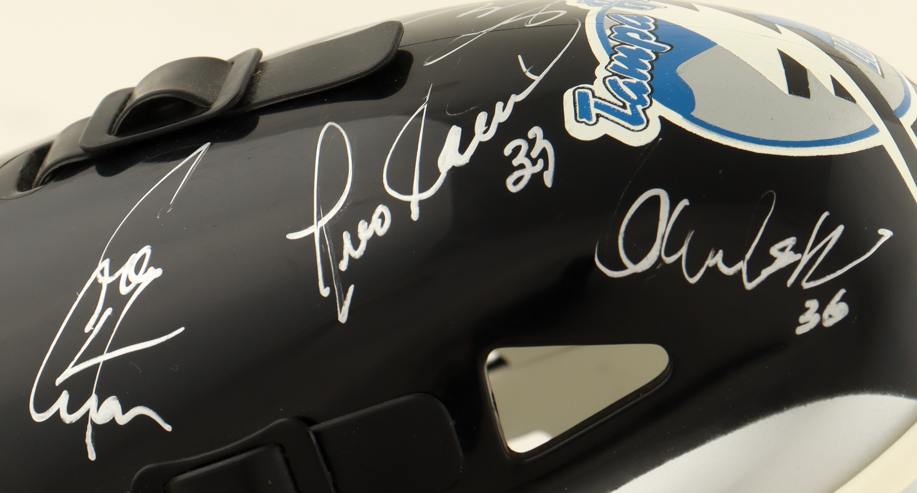 1998 Lignting Mini Hockey Goalie Mask Signed By (6) Louie DeBrusk, Yves Racine, Cory Cross (PSA) at PristineAuction.com 1998 Lignting Mini Hockey Goalie Mask Signed By (6) Louie DeBrusk, Yves Racine, Cory Cross (PSA) at PristineAuction.com