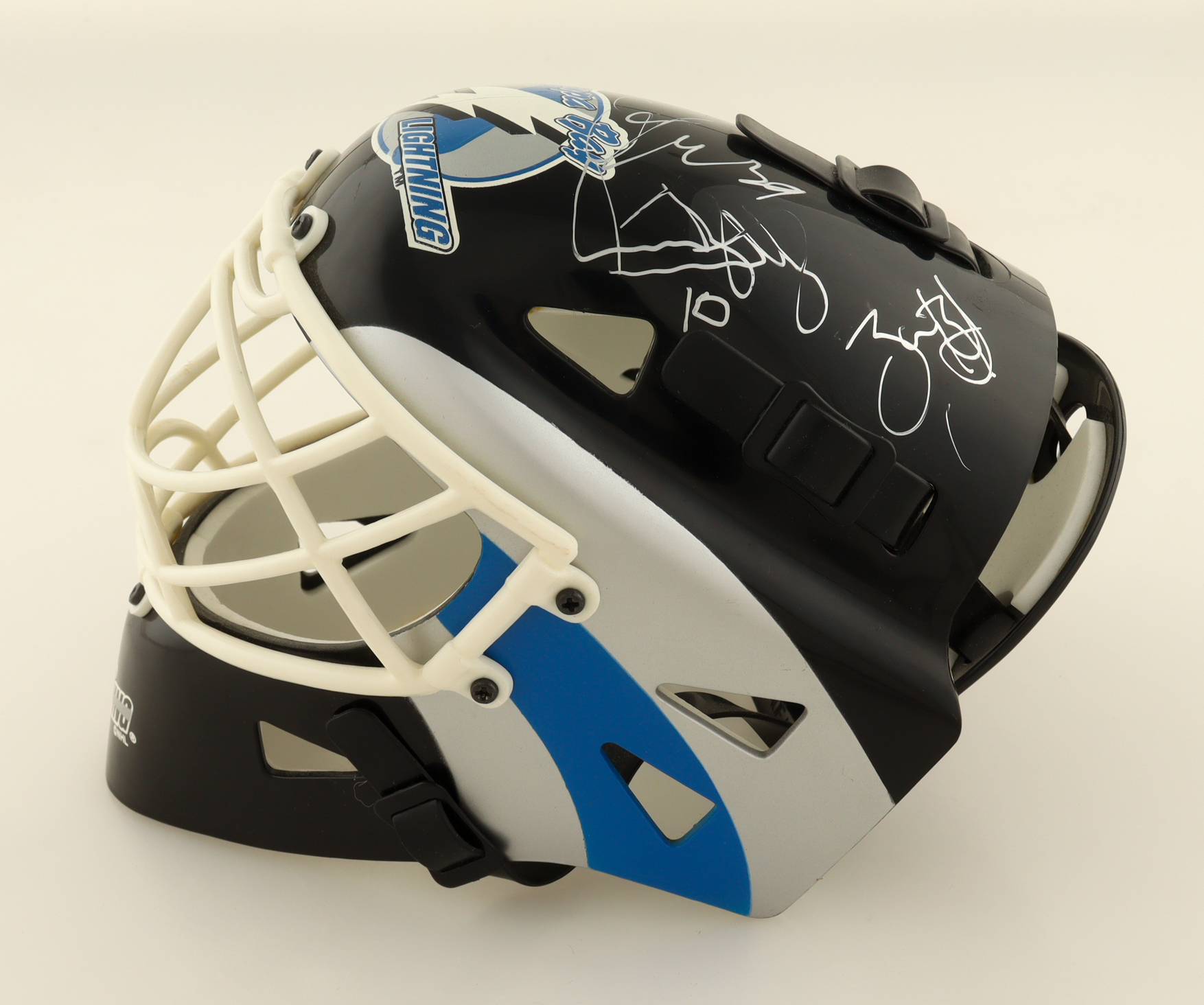 1998 Lignting Mini Hockey Goalie Mask Signed By (6) Louie DeBrusk, Yves Racine, Cory Cross (PSA) at PristineAuction.com 1998 Lignting Mini Hockey Goalie Mask Signed By (6) Louie DeBrusk, Yves Racine, Cory Cross (PSA) at PristineAuction.com
