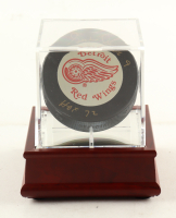 Gordie Howe Signed Red Wings Logo Puck In Display Case Inscribed "HOF 72" (PSA) at PristineAuction.com