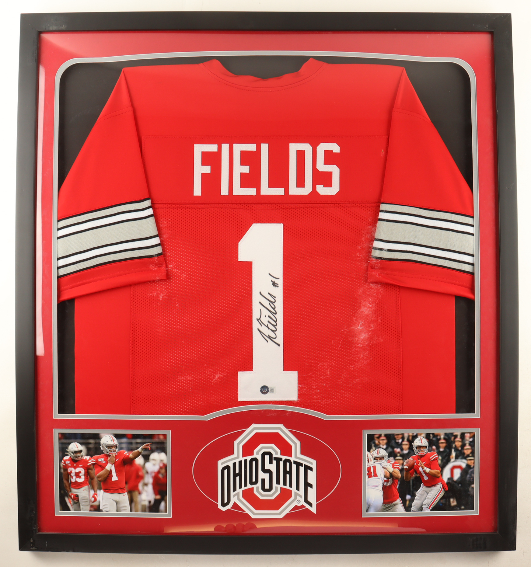 Justin Fields Signed Custom Framed Jersey Display (Beckett) at PristineAuction.com Justin Fields Signed Custom Framed Jersey Display (Beckett) at PristineAuction.com