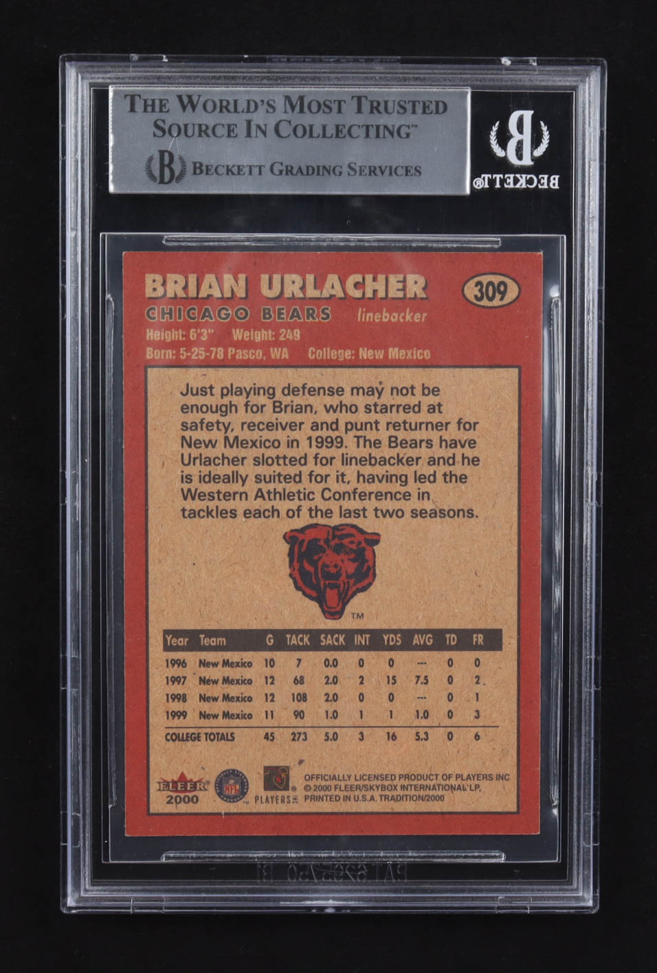 Brian Urlacher Signed 2000 Fleer Tradition #309 RC (BGS) at PristineAuction.com Brian Urlacher Signed 2000 Fleer Tradition #309 RC (BGS) at PristineAuction.com