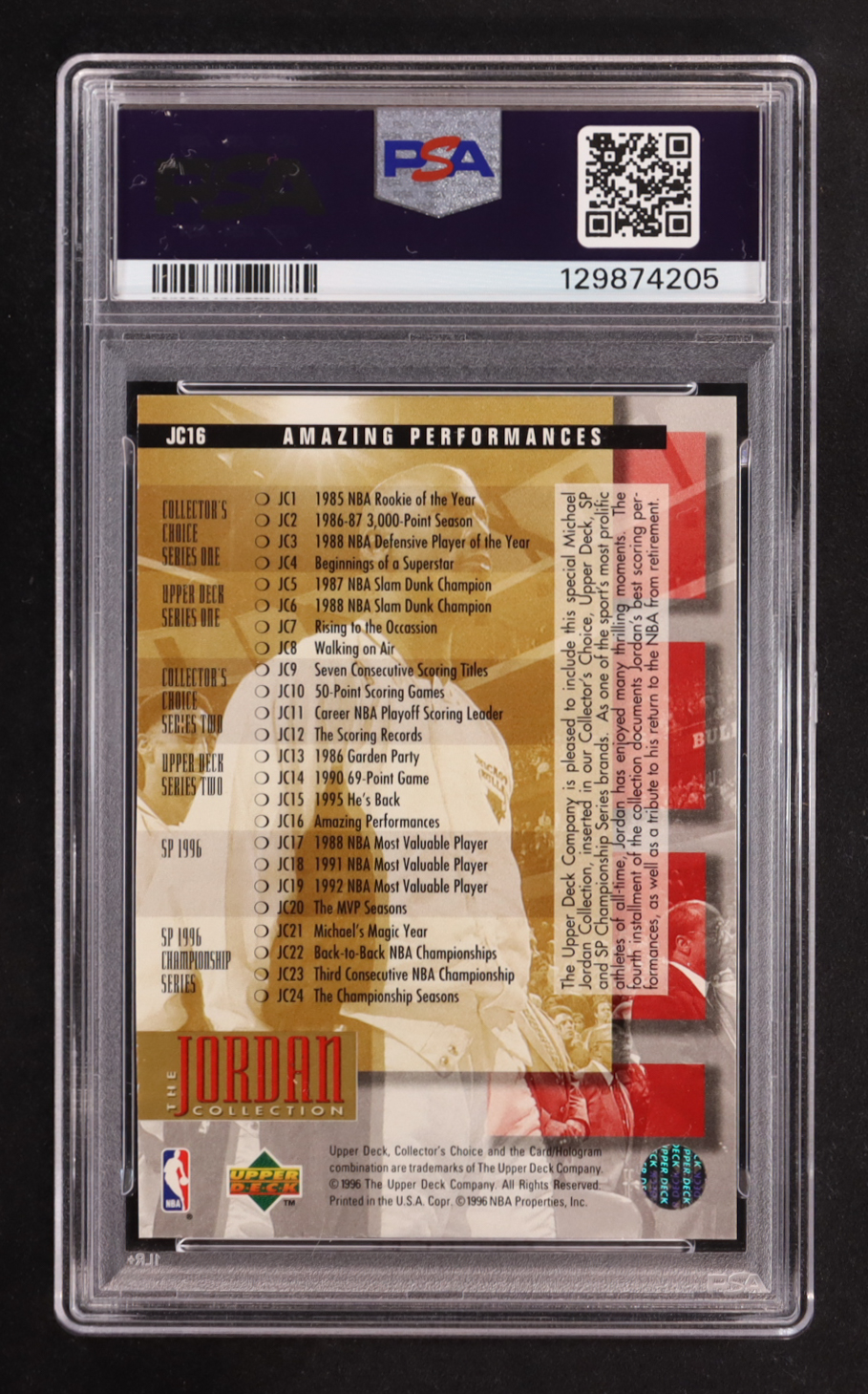 Michael Jordan 1995-96 Upper Deck Jordan Collection #JC16 / Amazing Performances (PSA 8) at PristineAuction.com Michael Jordan 1995-96 Upper Deck Jordan Collection #JC16 / Amazing Performances (PSA 8) at PristineAuction.com