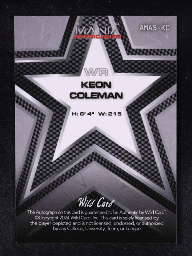Keon Coleman 2024 Wild Card Auto Mania Star American Flag #AMASKC #10/25 RC at PristineAuction.com Keon Coleman 2024 Wild Card Auto Mania Star American Flag #AMASKC #10/25 RC at PristineAuction.com