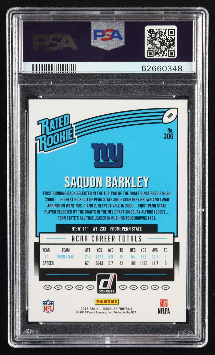 Saquon Barkley 2018 Donruss #306 RR RC (PSA 9) at PristineAuction.com Saquon Barkley 2018 Donruss #306 RR RC (PSA 9) at PristineAuction.com
