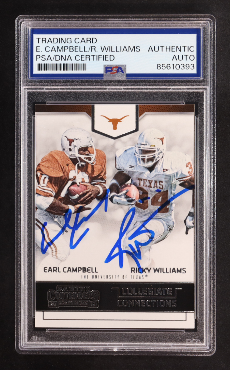 Earl Campbell / Ricky Williams Signed 2016 Panini Contenders Draft Picks Collegiate Connections #22 (PSA) at PristineAuction.com Earl Campbell / Ricky Williams Signed 2016 Panini Contenders Draft Picks Collegiate Connections #22 (PSA) at PristineAuction.com