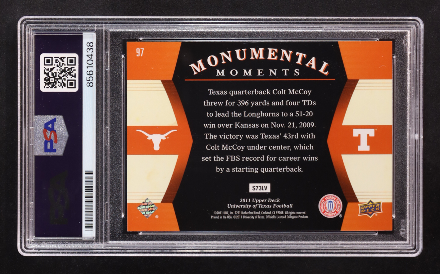 Colt McCoy Signed 2011 Upper Deck Monumental Moments #97 (PSA) at PristineAuction.com Colt McCoy Signed 2011 Upper Deck Monumental Moments #97 (PSA) at PristineAuction.com