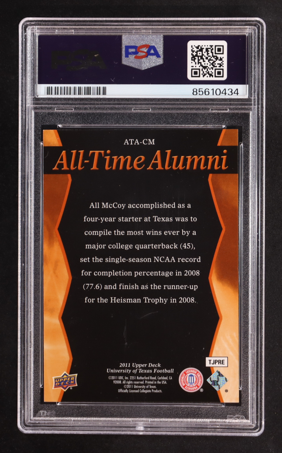 Colt McCoy Signed 2011 Upper Deck All-Time Alumni #ATA-CM (PSA) at PristineAuction.com Colt McCoy Signed 2011 Upper Deck All-Time Alumni #ATA-CM (PSA) at PristineAuction.com