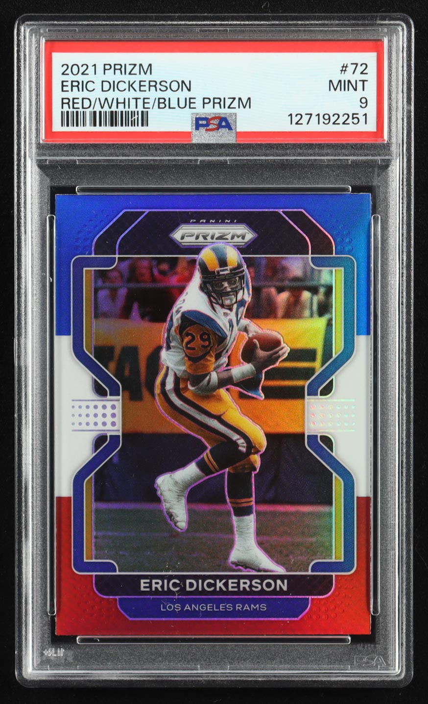 Eric Dickerson 2021 Panini Prizm Prizms Red White and Blue #72 (PSA 9) at PristineAuction.com Eric Dickerson 2021 Panini Prizm Prizms Red White and Blue #72 (PSA 9) at PristineAuction.com