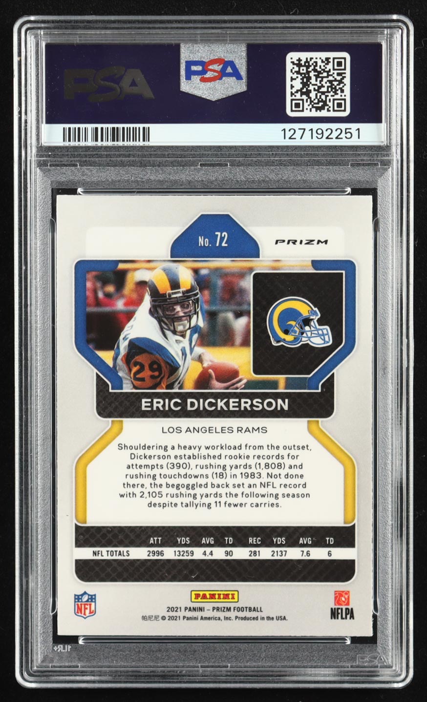 Eric Dickerson 2021 Panini Prizm Prizms Red White and Blue #72 (PSA 9) at PristineAuction.com Eric Dickerson 2021 Panini Prizm Prizms Red White and Blue #72 (PSA 9) at PristineAuction.com