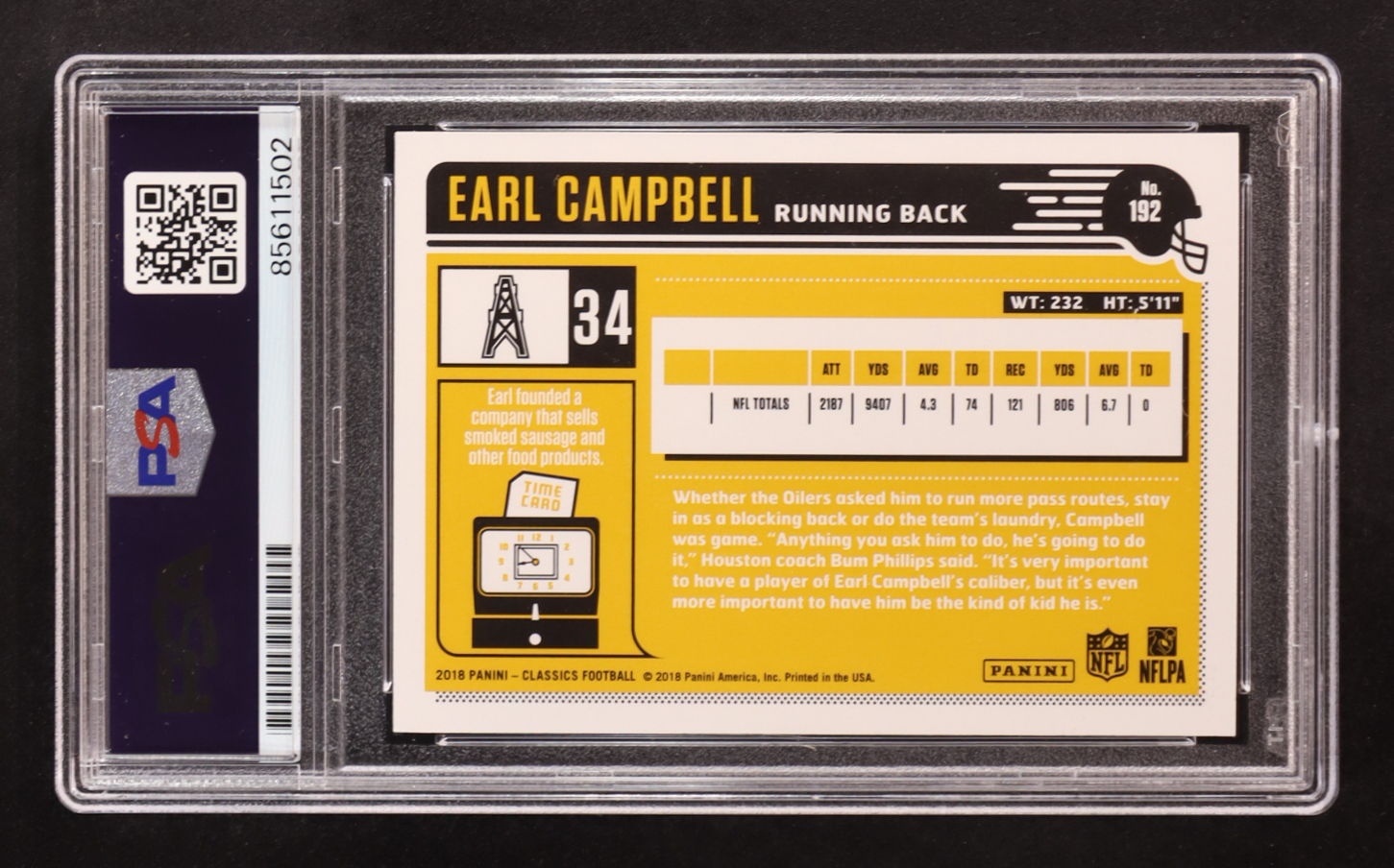 Earl Campbell Signed 2018 Panini Classics Legends #192 (PSA) at PristineAuction.com Earl Campbell Signed 2018 Panini Classics Legends #192 (PSA) at PristineAuction.com