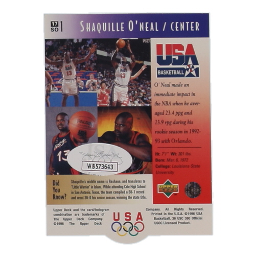 Shaquille O'Neal Signed 1996 Upper Deck USA #17 (JSA) at PristineAuction.com Shaquille O'Neal Signed 1996 Upper Deck USA #17 (JSA) at PristineAuction.com
