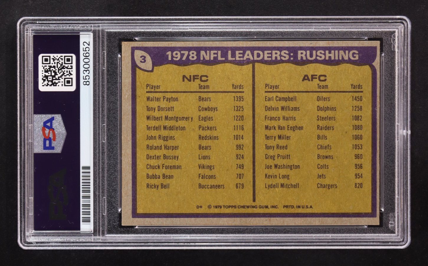 Earl Campbell / Walter Payton Signed 1979 Topps NFL Leaders Rushing #3 RC (PSA) at PristineAuction.com Earl Campbell / Walter Payton Signed 1979 Topps NFL Leaders Rushing #3 RC (PSA) at PristineAuction.com