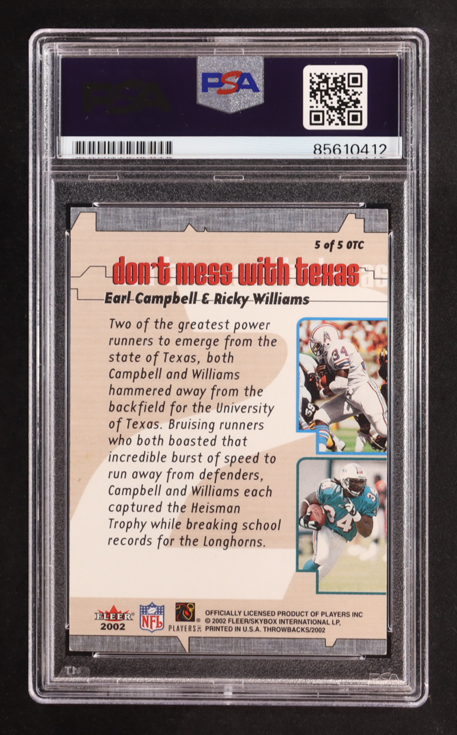 Earl Campbell / Ricky Williams Signed 2002 Fleer On 2 Canton Dont Mess With Texas #5 (PSA) at PristineAuction.com Earl Campbell / Ricky Williams Signed 2002 Fleer On 2 Canton Dont Mess With Texas #5 (PSA) at PristineAuction.com