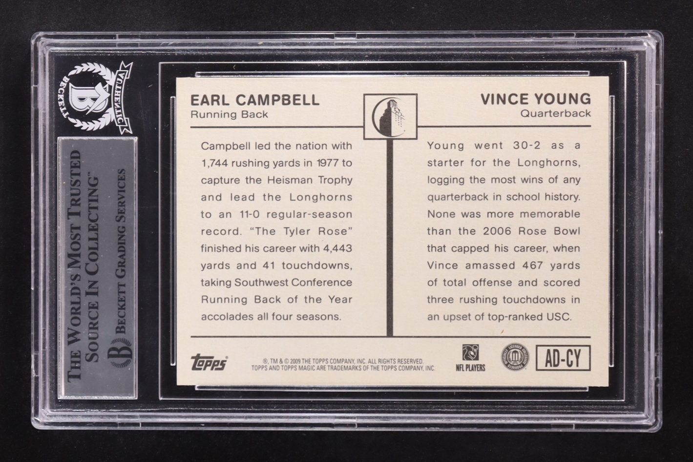 Earl Campbell / Vince Young Signed 2009 Topps Magic Alumni #CV (BGS) at PristineAuction.com Earl Campbell / Vince Young Signed 2009 Topps Magic Alumni #CV (BGS) at PristineAuction.com