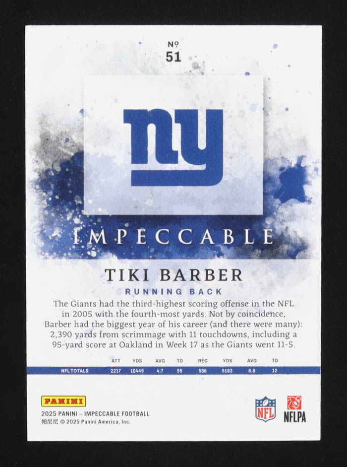 Tiki Barber 2025 Panini Impeccable Gold #51 #01/10 at PristineAuction.com Tiki Barber 2025 Panini Impeccable Gold #51 #01/10 at PristineAuction.com