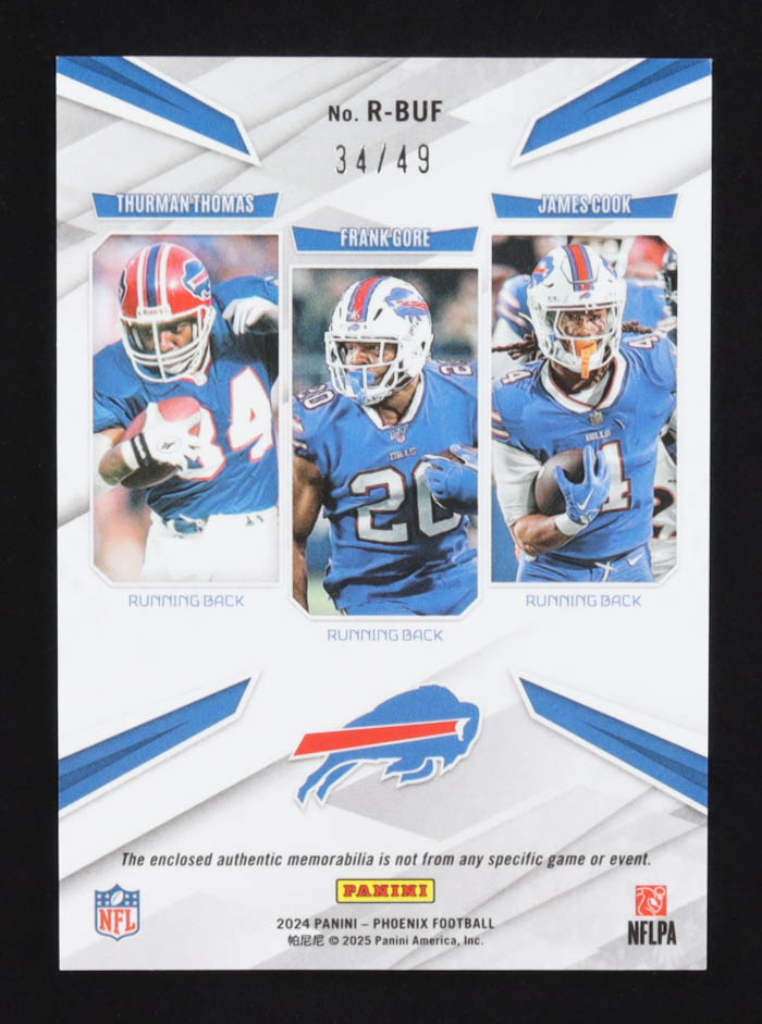 Thurman Thomas / Frank Gore / James Cook 2024 Panini Phoenix Regeneration Materials Blue #4 #34/49 at PristineAuction.com Thurman Thomas / Frank Gore / James Cook 2024 Panini Phoenix Regeneration Materials Blue #4 #34/49 at PristineAuction.com