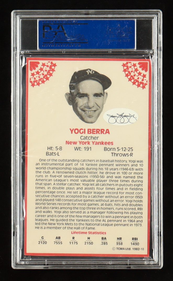Yogi Berra Signed 1982 TCMA Great Players of the 1950's & 60's #18 (PSA) at PristineAuction.com Yogi Berra Signed 1982 TCMA Great Players of the 1950's & 60's #18 (PSA) at PristineAuction.com