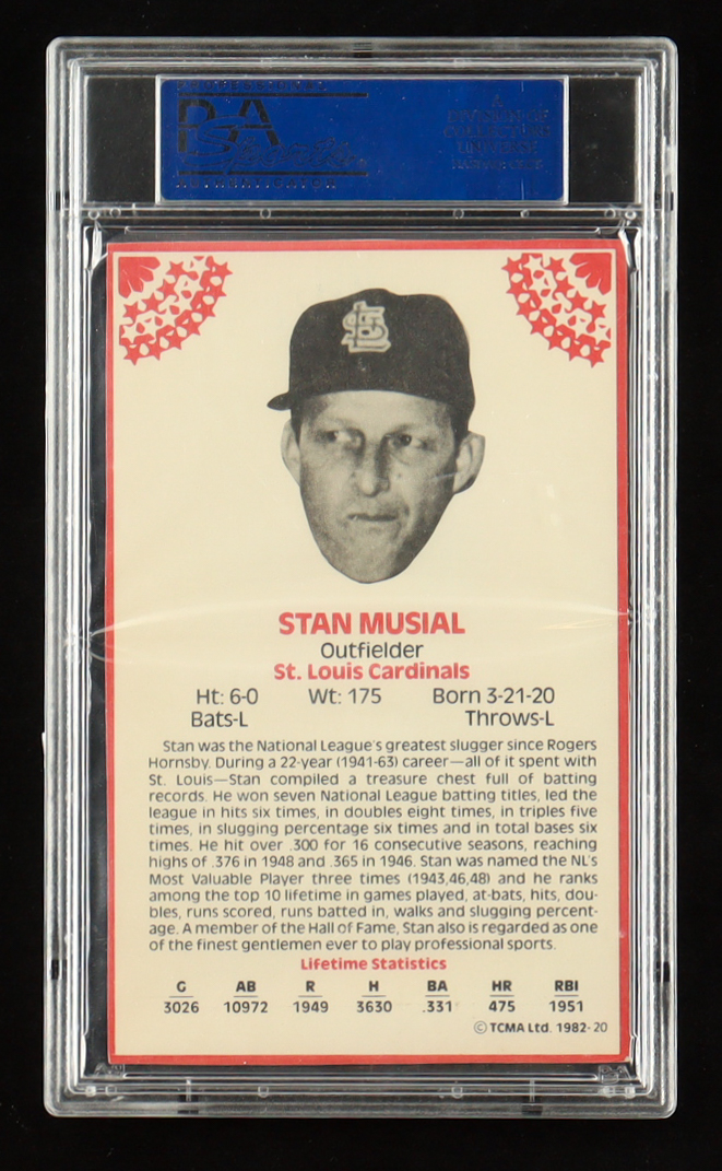Stan Musial Signed 1982 TCMA Great Players of the 1950's & 60's #20 (PSA) at PristineAuction.com Stan Musial Signed 1982 TCMA Great Players of the 1950's & 60's #20 (PSA) at PristineAuction.com