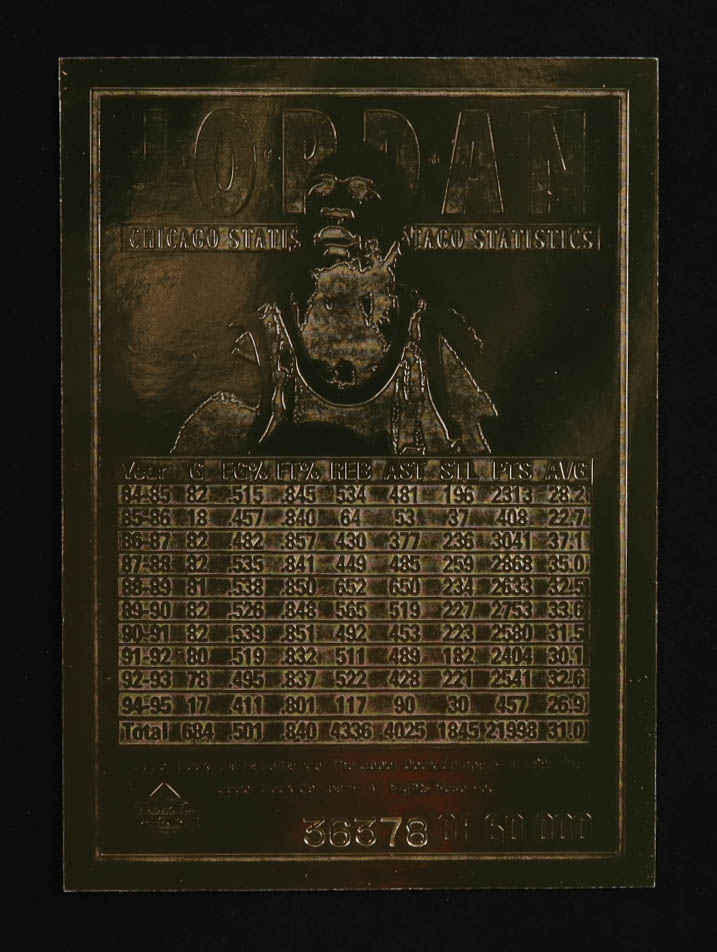 Michael Jordan 1995 Upper Deck Original 23 KT Genuine Gold Foil Sculptured Triple Image #36378/50000 at PristineAuction.com Michael Jordan 1995 Upper Deck Original 23 KT Genuine Gold Foil Sculptured Triple Image #36378/50000 at PristineAuction.com