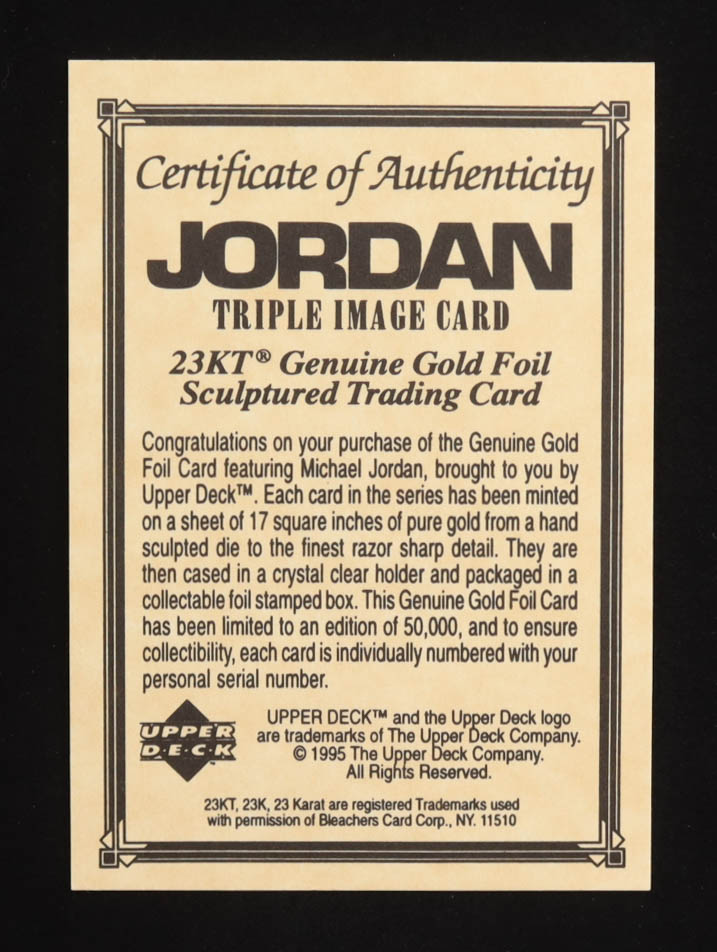 Michael Jordan 1995 Upper Deck Original 23 KT Genuine Gold Foil Sculptured Triple Image #36378/50000 at PristineAuction.com Michael Jordan 1995 Upper Deck Original 23 KT Genuine Gold Foil Sculptured Triple Image #36378/50000 at PristineAuction.com