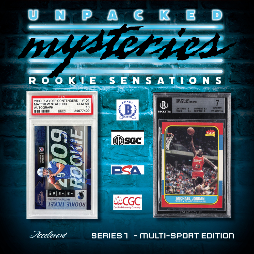 Accelerant UNPACKED MYSTERIES "ROOKIE SENSATIONS" Series 1 Multi-Sport Edition Mystery Box / Pack ($7,000 MICHAEL JORDAN 86/87 FLEER RC BGS 7) at PristineAuction.com