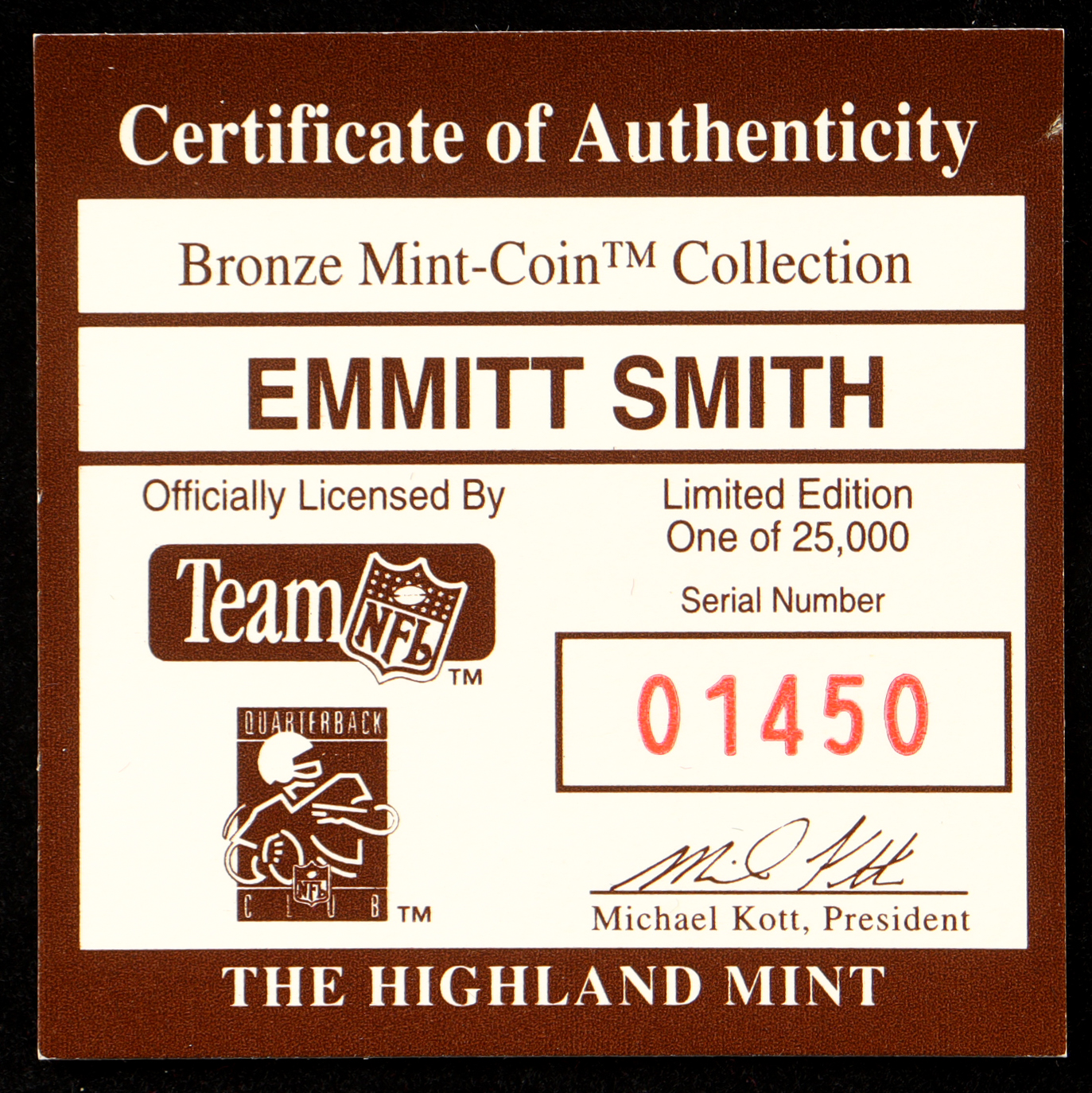 Emmitt Smith LE The Highland Mint Bronze Coin With Display Case at PristineAuction.com Emmitt Smith LE The Highland Mint Bronze Coin With Display Case at PristineAuction.com