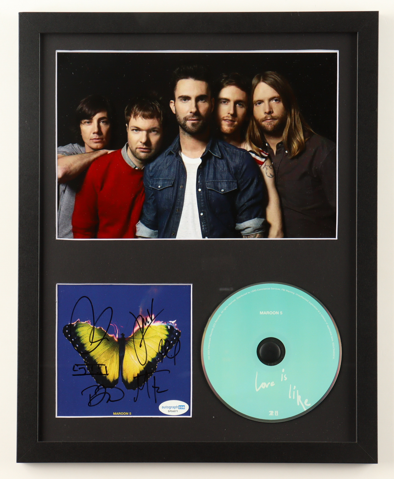 "Maroon 5" Custom Framed "Love Is Like" CD Album Insert Display with Disc Band-Signed By (6) with Adam Levine, James Valentine, Jesse Carmichael, Matt Flynn (ACOA) at PristineAuction.com "Maroon 5" Custom Framed "Love Is Like" CD Album Insert Display with Disc Band-Signed By (6) with Adam Levine, James Valentine, Jesse Carmichael, Matt Flynn (ACOA) at PristineAuction.com