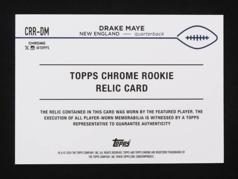 Drake Maye 2024 Topps Chrome Rookie Relic RC #CRR-DM at PristineAuction.com Drake Maye 2024 Topps Chrome Rookie Relic RC #CRR-DM at PristineAuction.com