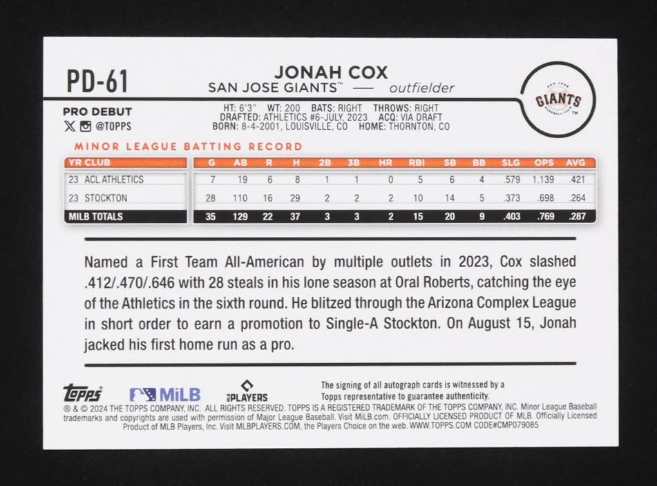 Jonah Cox 2024 Topps Pro Debut Autographs #PD61 RC at PristineAuction.com Jonah Cox 2024 Topps Pro Debut Autographs #PD61 RC at PristineAuction.com