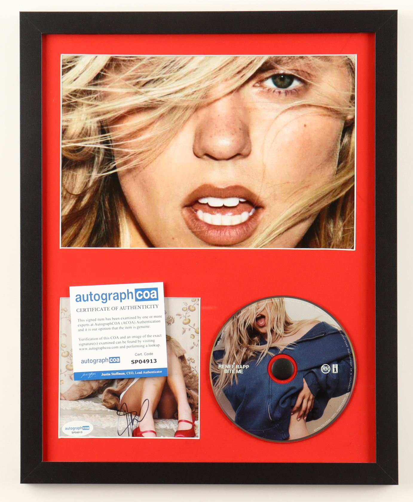 Renee Rapp Signed Custom Framed "Bite Me" CD Album Insert Display with Disc (ACOA) at PristineAuction.com Renee Rapp Signed Custom Framed "Bite Me" CD Album Insert Display with Disc (ACOA) at PristineAuction.com