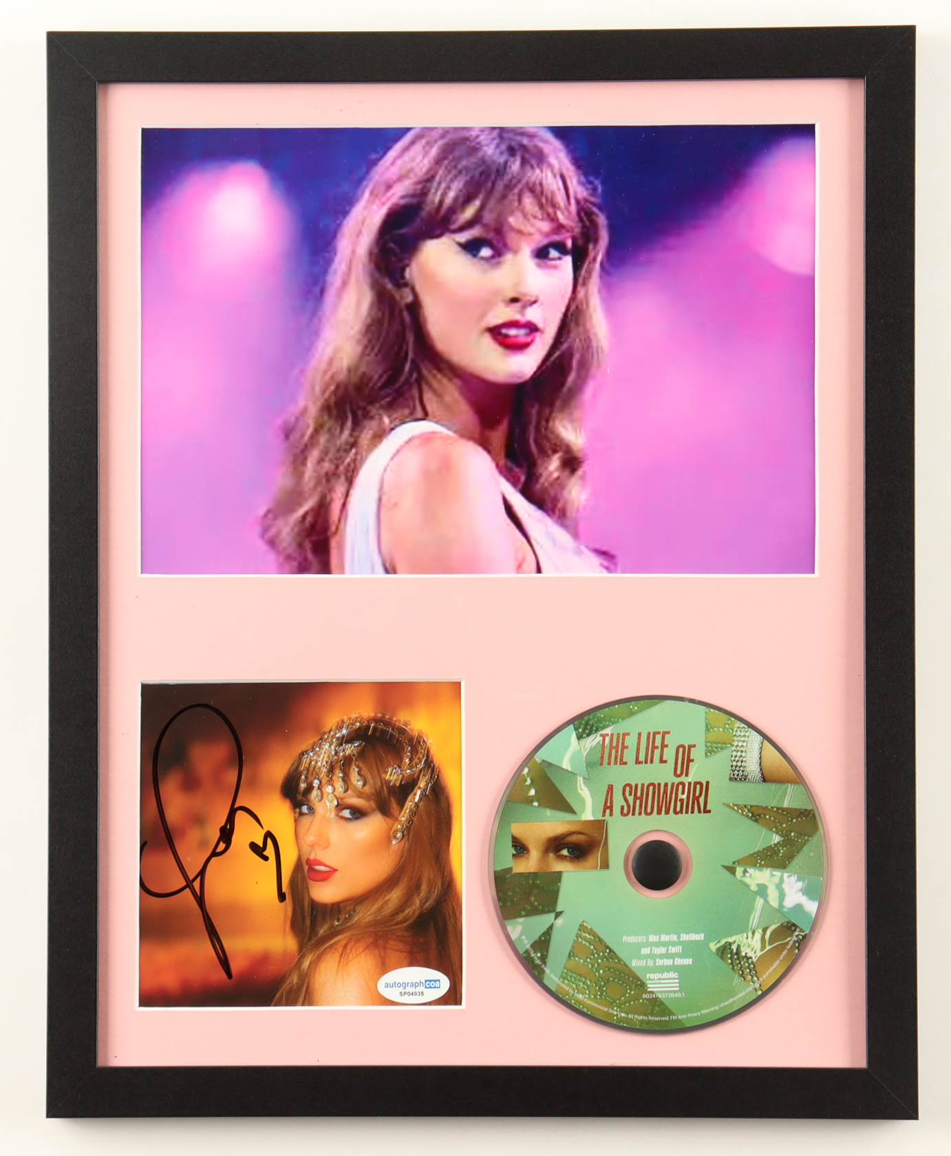 Taylor Swift Signed Custom Framed "The Life of a Showgirl" CD Album Insert Display with Disc (ACOA) at PristineAuction.com Taylor Swift Signed Custom Framed "The Life of a Showgirl" CD Album Insert Display with Disc (ACOA) at PristineAuction.com