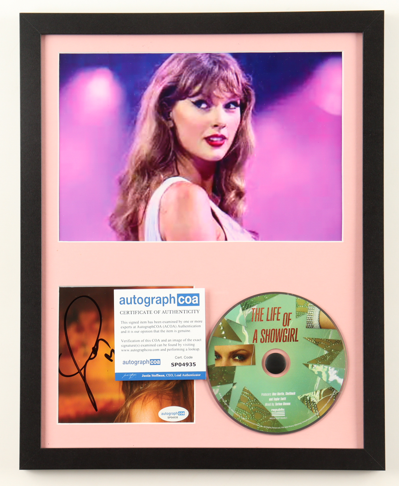 Taylor Swift Signed Custom Framed "The Life of a Showgirl" CD Album Insert Display with Disc (ACOA) at PristineAuction.com Taylor Swift Signed Custom Framed "The Life of a Showgirl" CD Album Insert Display with Disc (ACOA) at PristineAuction.com