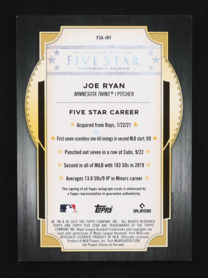 Joe Ryan 2022 Topps Five Star Autographs #FSAJRY RC at PristineAuction.com Joe Ryan 2022 Topps Five Star Autographs #FSAJRY RC at PristineAuction.com