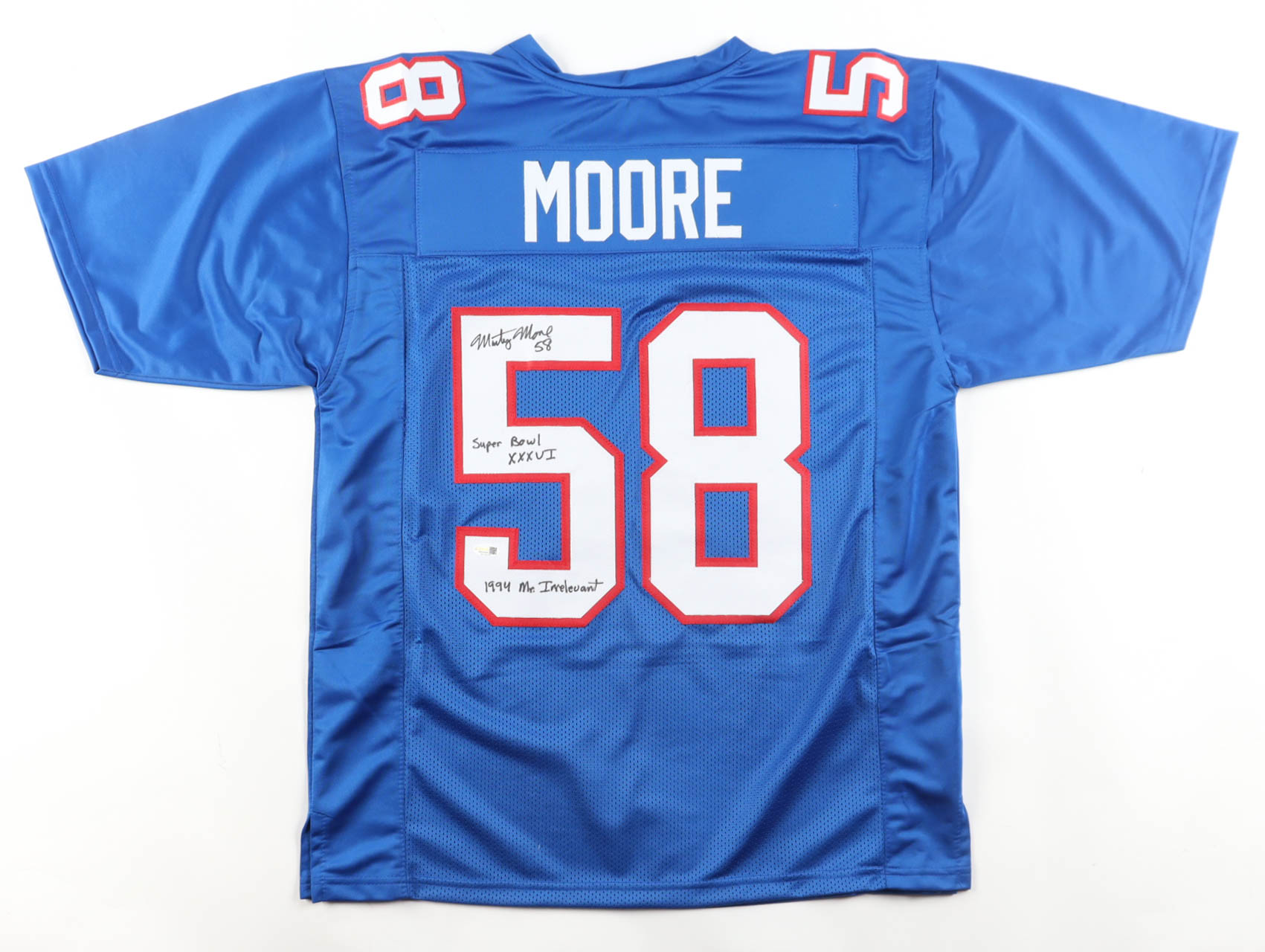 Marty Moore Signed Jersey Inscribed "Super Bowl XXXVI" & "1994 Mr. Irrelevant" (JSA) at PristineAuction.com Marty Moore Signed Jersey Inscribed "Super Bowl XXXVI" & "1994 Mr. Irrelevant" (JSA) at PristineAuction.com