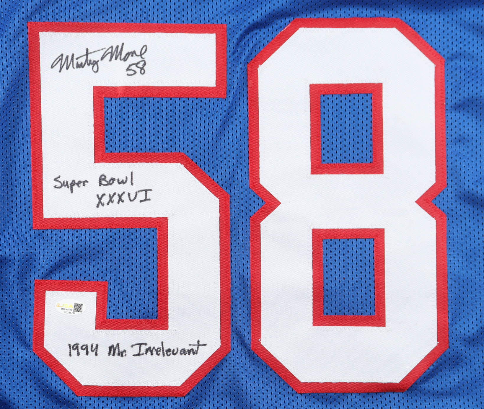 Marty Moore Signed Jersey Inscribed "Super Bowl XXXVI" & "1994 Mr. Irrelevant" (JSA) at PristineAuction.com Marty Moore Signed Jersey Inscribed "Super Bowl XXXVI" & "1994 Mr. Irrelevant" (JSA) at PristineAuction.com