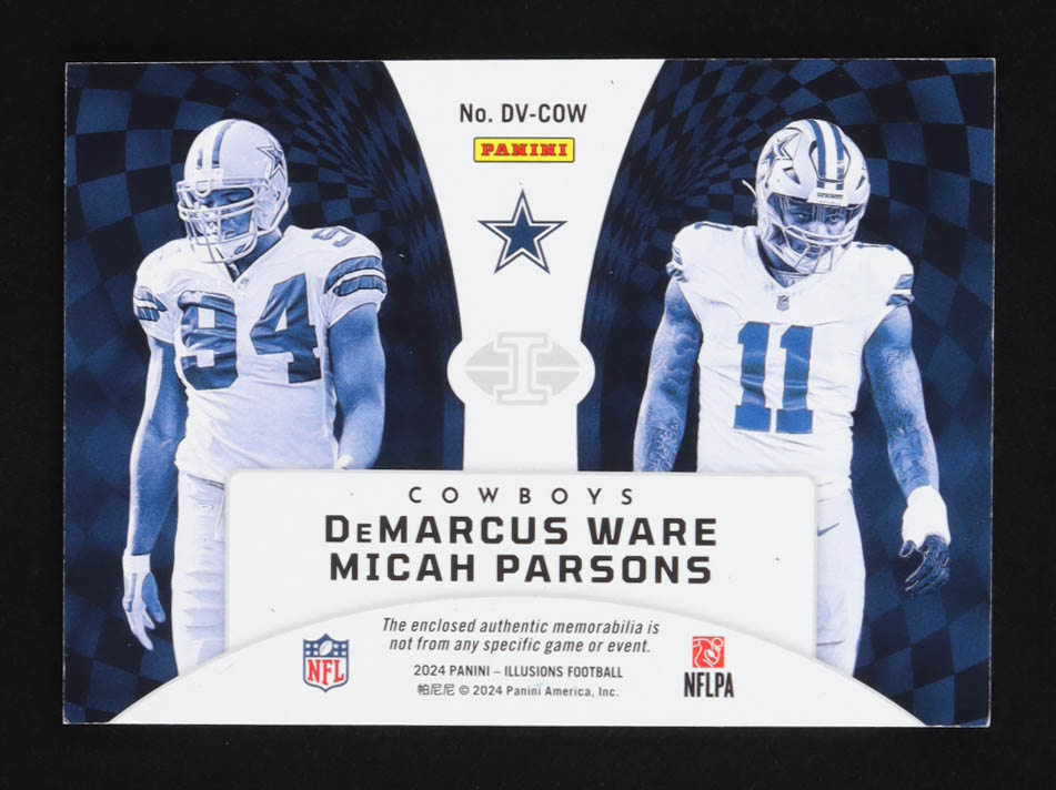 DeMarcus Ware / Micah Parsons 2024 Panini Illusions Deja Vu Jerseys Purple #6 #35/50 at PristineAuction.com DeMarcus Ware / Micah Parsons 2024 Panini Illusions Deja Vu Jerseys Purple #6 #35/50 at PristineAuction.com