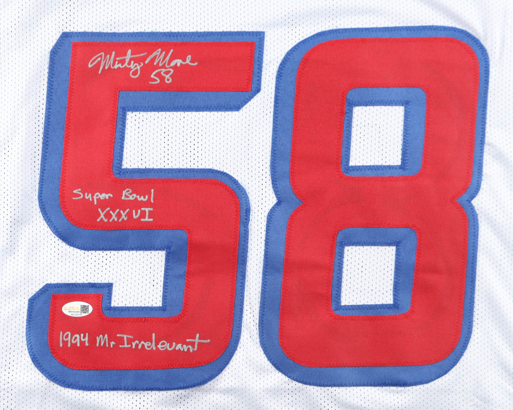 Marty Moore Signed Jersey Inscribed "Super Bowl XXXVI" & "1994 Mr. Irrelevant" (JSA) at PristineAuction.com Marty Moore Signed Jersey Inscribed "Super Bowl XXXVI" & "1994 Mr. Irrelevant" (JSA) at PristineAuction.com