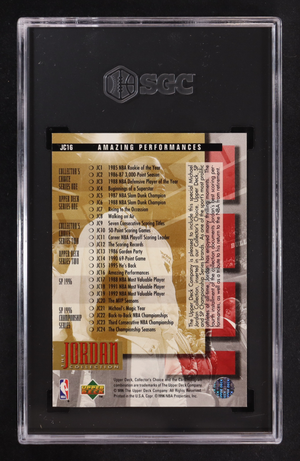 Michael Jordan 1995-96 Upper Deck Jordan Collection #JC16 / Amazing Performances (SGC 8.5) at PristineAuction.com Michael Jordan 1995-96 Upper Deck Jordan Collection #JC16 / Amazing Performances (SGC 8.5) at PristineAuction.com