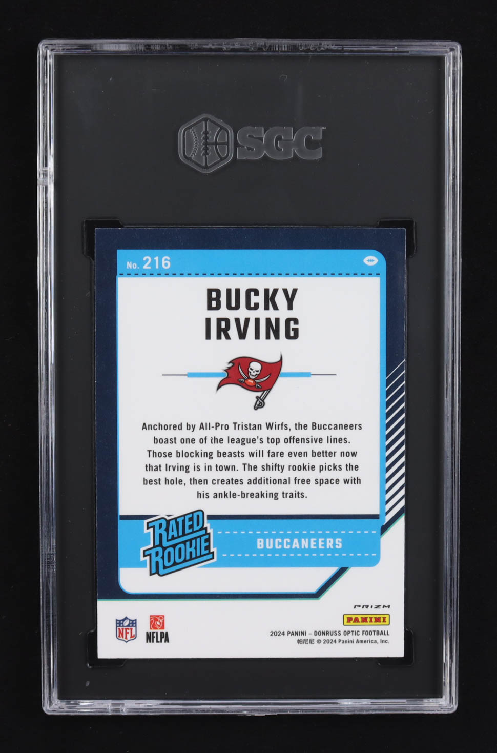 Bucky Irving 2024 Donruss Optic Blue Hyper #216 RR RC (SGC 10) at PristineAuction.com Bucky Irving 2024 Donruss Optic Blue Hyper #216 RR RC (SGC 10) at PristineAuction.com