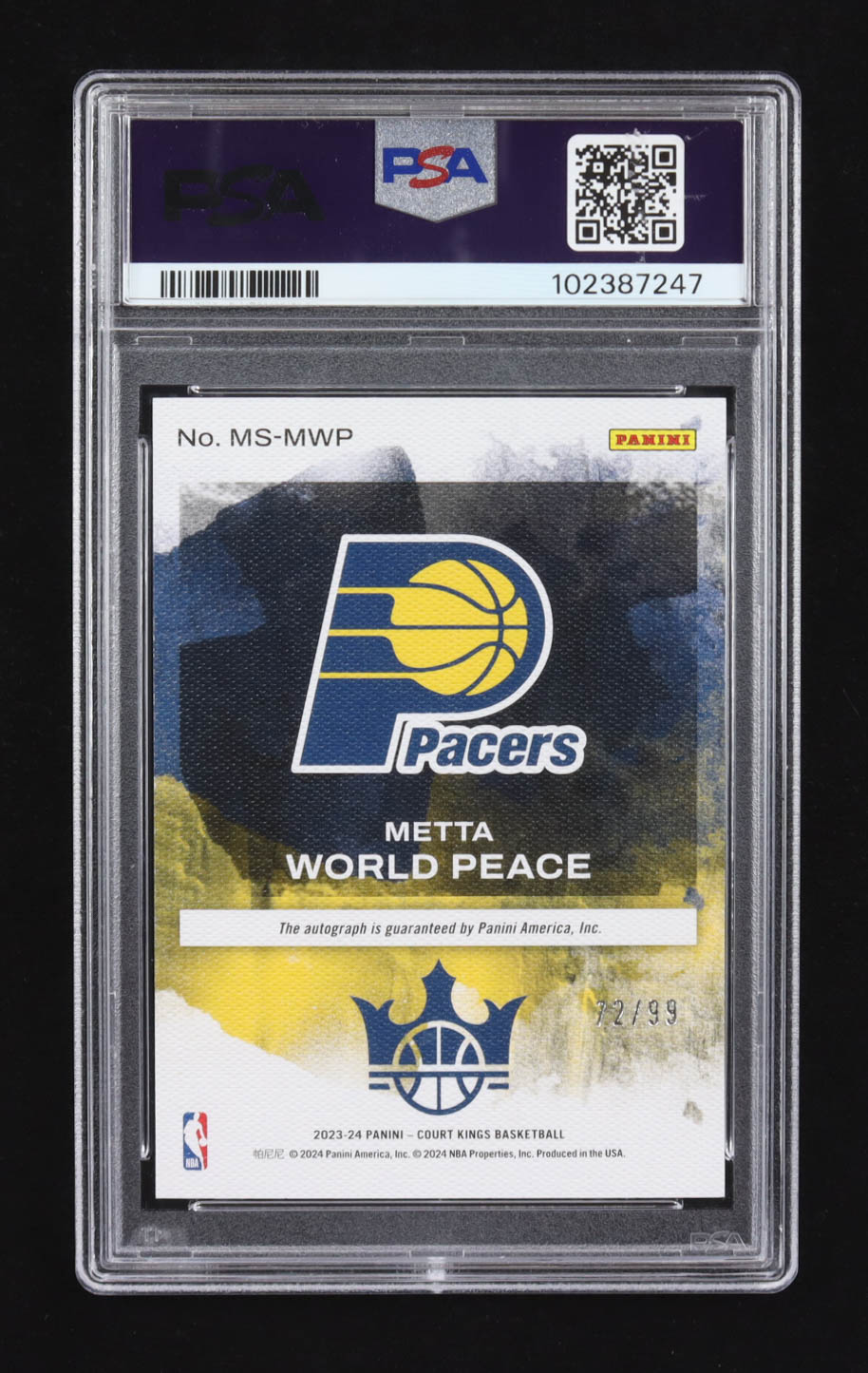 Metta World Peace 2023-24 Court Kings Masterstrokes Autographs #37 #72/99 (PSA 9) at PristineAuction.com Metta World Peace 2023-24 Court Kings Masterstrokes Autographs #37 #72/99 (PSA 9) at PristineAuction.com