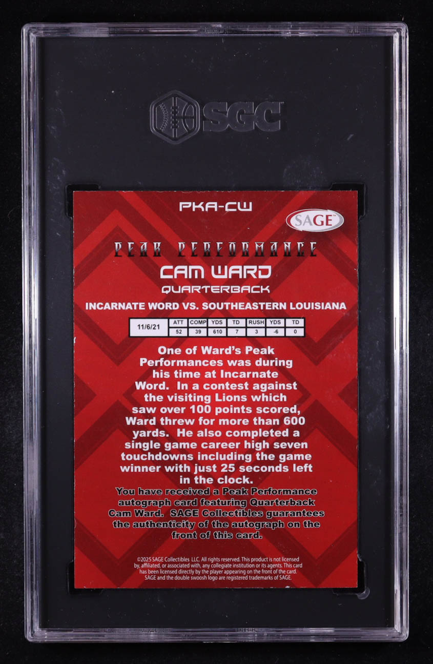 Cam Ward 2025 SAGE Peak Performance Hyper Purple Autographs #PKACW RC (SGC 8 | Auto Grade SGC 10) at PristineAuction.com Cam Ward 2025 SAGE Peak Performance Hyper Purple Autographs #PKACW RC (SGC 8 | Auto Grade SGC 10) at PristineAuction.com