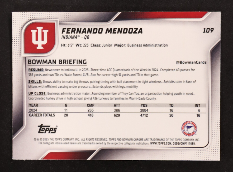 Fernando Mendoza 2025 Bowman Chrome Sapphire University #109 RC at PristineAuction.com Fernando Mendoza 2025 Bowman Chrome Sapphire University #109 RC at PristineAuction.com