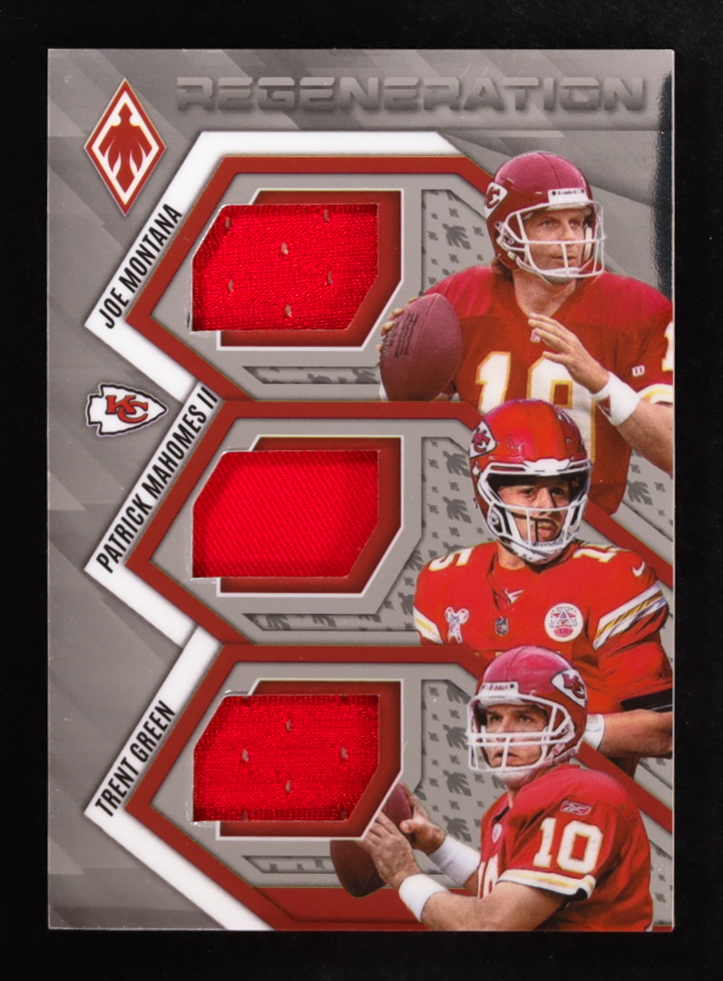 Joe Montana / Patrick Mahomes II / Trent Green 2025 Panini Phoenix Regeneration Jerseys #9 #200/299 at PristineAuction.com Joe Montana / Patrick Mahomes II / Trent Green 2025 Panini Phoenix Regeneration Jerseys #9 #200/299 at PristineAuction.com