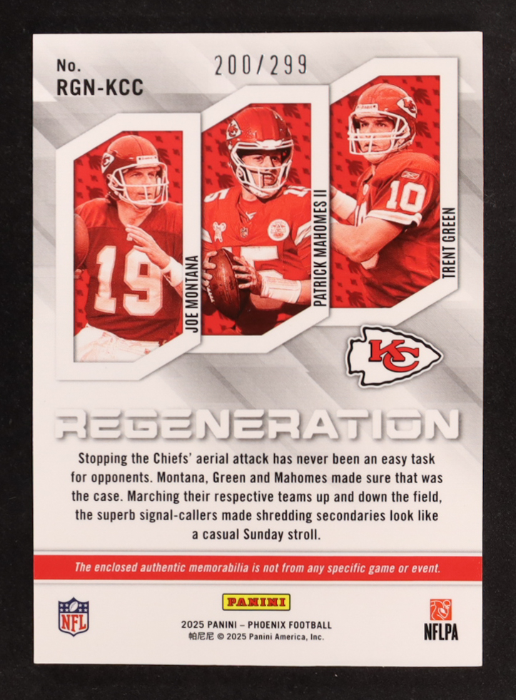 Joe Montana / Patrick Mahomes II / Trent Green 2025 Panini Phoenix Regeneration Jerseys #9 #200/299 at PristineAuction.com Joe Montana / Patrick Mahomes II / Trent Green 2025 Panini Phoenix Regeneration Jerseys #9 #200/299 at PristineAuction.com