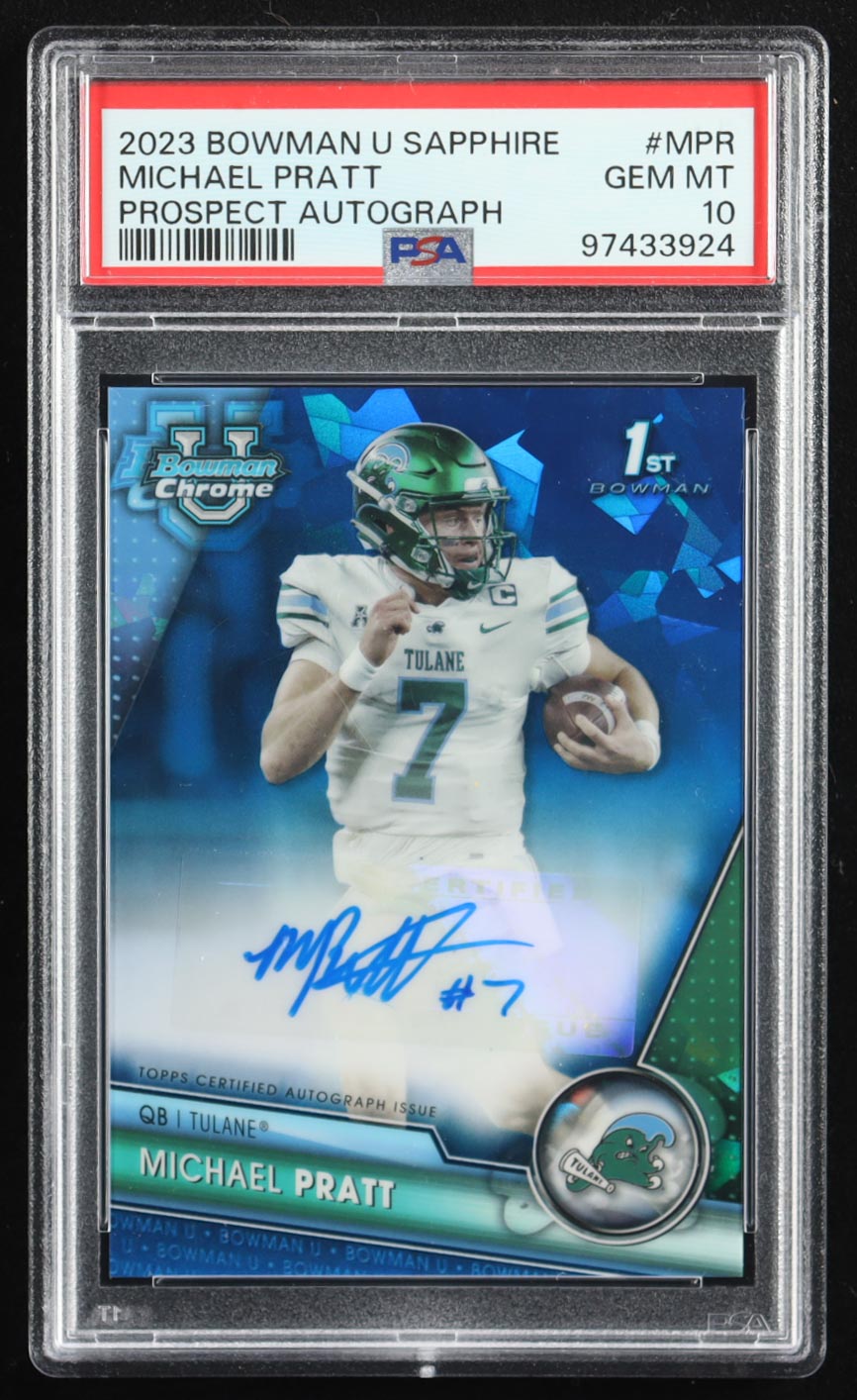 Michael Pratt 2023 Bowman Chrome Sapphire University Autographs #PAMPR RC (PSA 10) at PristineAuction.com Michael Pratt 2023 Bowman Chrome Sapphire University Autographs #PAMPR RC (PSA 10) at PristineAuction.com