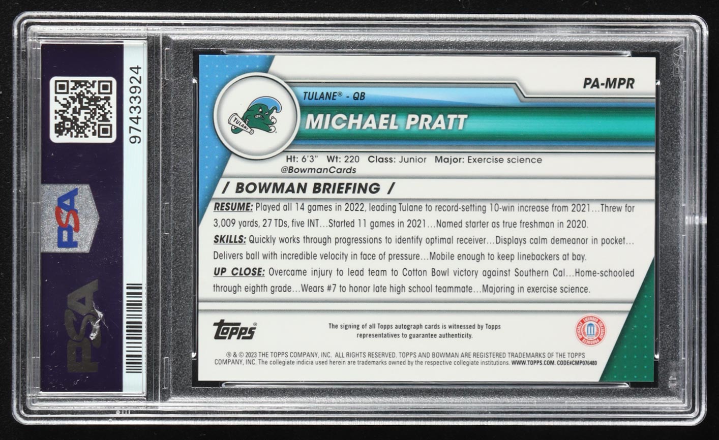 Michael Pratt 2023 Bowman Chrome Sapphire University Autographs #PAMPR RC (PSA 10) at PristineAuction.com Michael Pratt 2023 Bowman Chrome Sapphire University Autographs #PAMPR RC (PSA 10) at PristineAuction.com