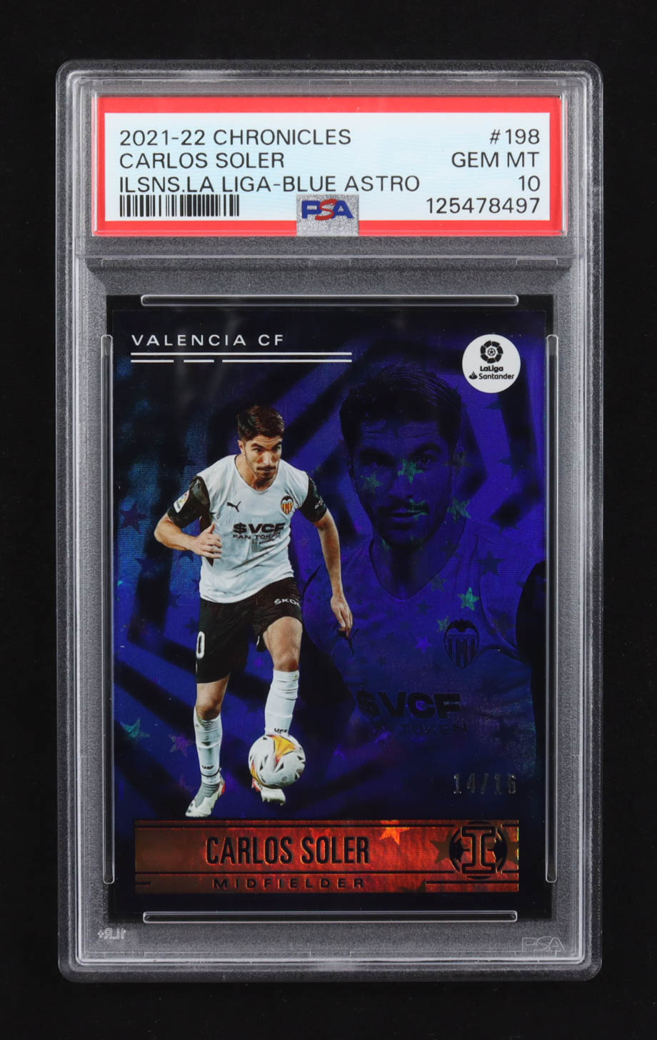 Carlos Soler 2021-22 Panini Chronicles La Liga Blue Astro Illusions #198 #14/16 (PSA 10) at PristineAuction.com Carlos Soler 2021-22 Panini Chronicles La Liga Blue Astro Illusions #198 #14/16 (PSA 10) at PristineAuction.com