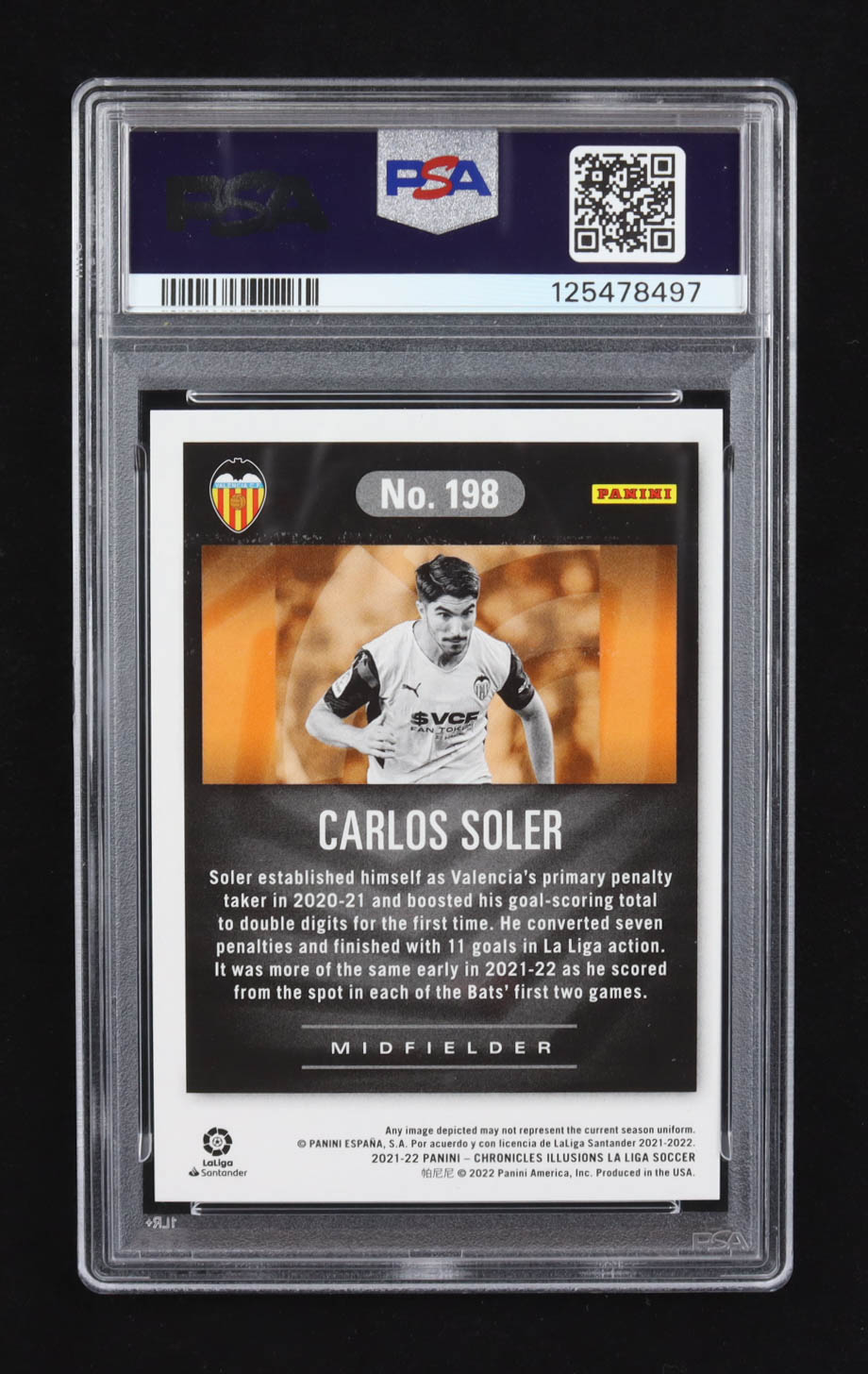 Carlos Soler 2021-22 Panini Chronicles La Liga Blue Astro Illusions #198 #14/16 (PSA 10) at PristineAuction.com Carlos Soler 2021-22 Panini Chronicles La Liga Blue Astro Illusions #198 #14/16 (PSA 10) at PristineAuction.com